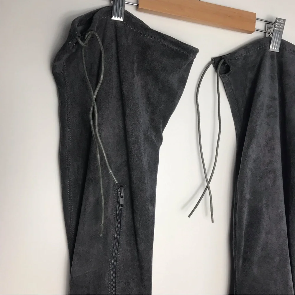 NWOT Gray Faux Suede Over the Knee Boots | Block Heel Tie Back Zip | Fall Winter